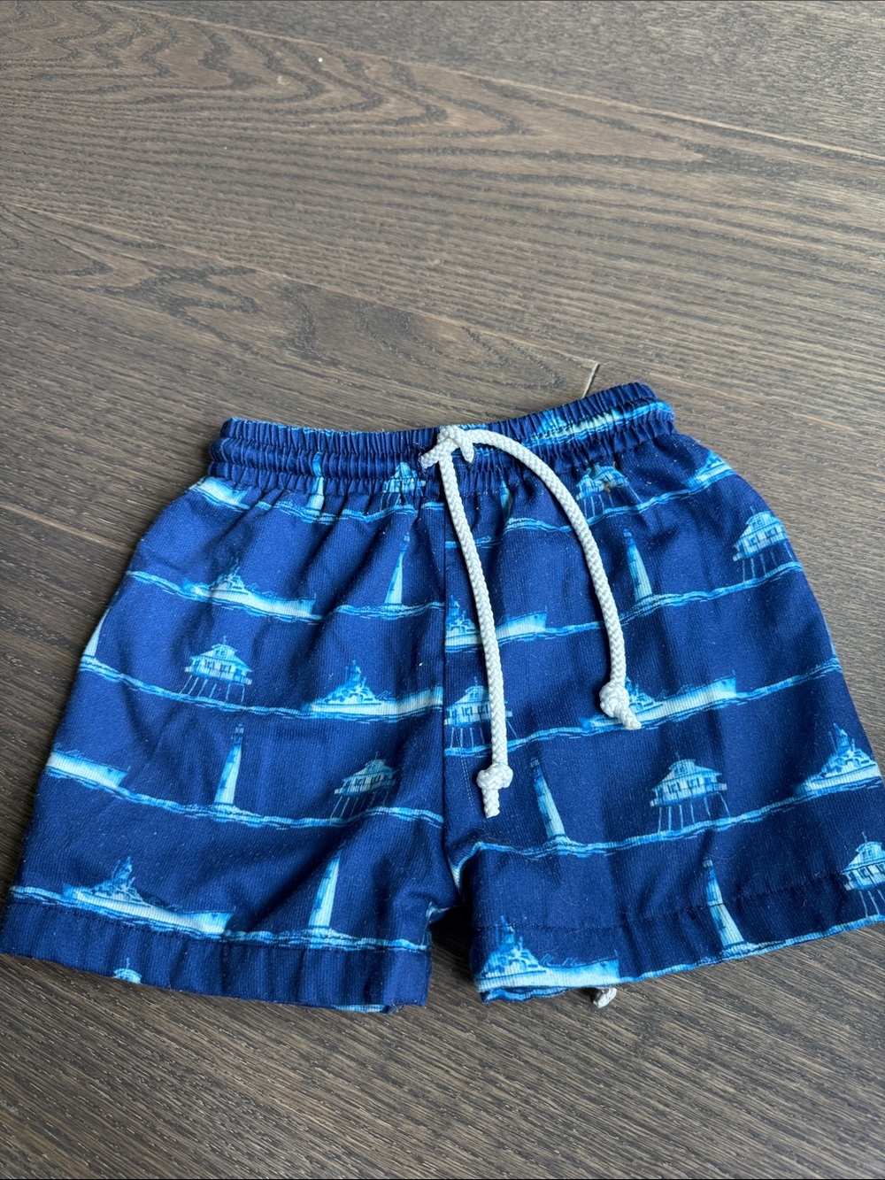 Boys Navy Lighthouse Print Swim Shorts with Drawstring